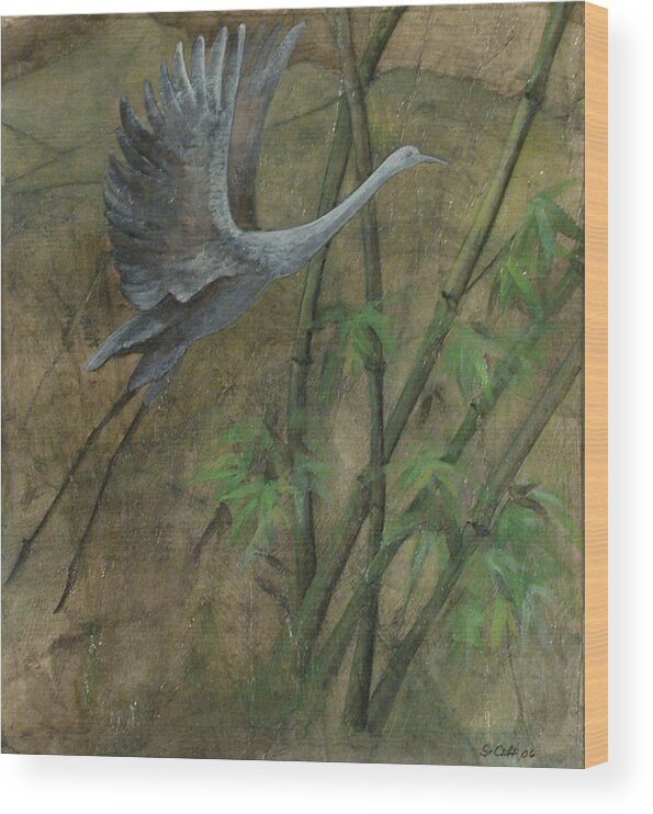 Crane Wood Print featuring the painting Zen in Black by Sandy Clift