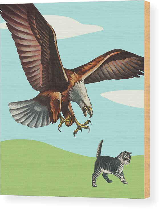 Animal Wood Print featuring the drawing Bald Eagle Grabbing a Cat #1 by CSA Images