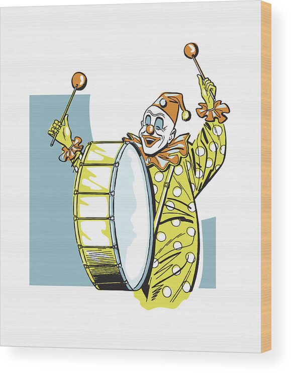 Band Wood Print featuring the drawing Clown Playing Bass Drum #1 by CSA Images