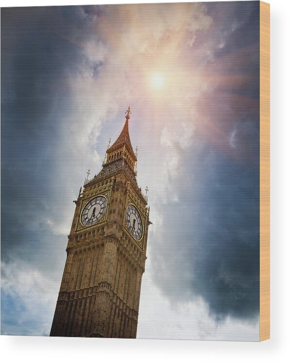 Tranquility Wood Print featuring the photograph Big Ben Clock Tower In Cloudy Sky by Walter Zerla