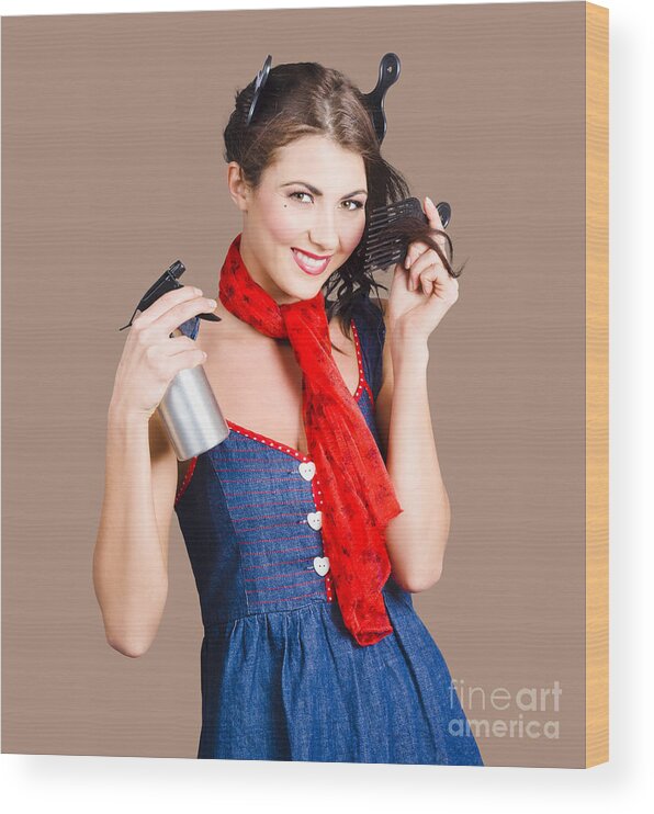 Hair Wood Print featuring the photograph Cute girl model styling a hairdo. Pinup your hair by Jorgo Photography