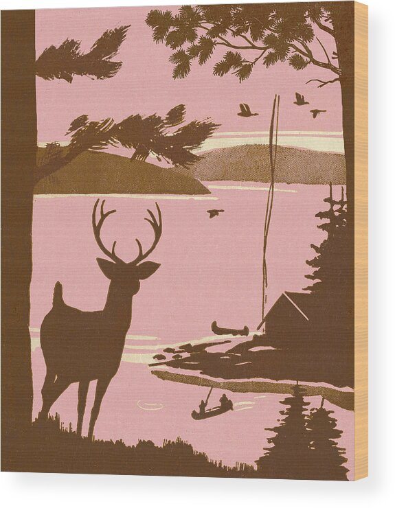 Activity Wood Print featuring the drawing Deer Silhouette Near Lake by CSA Images