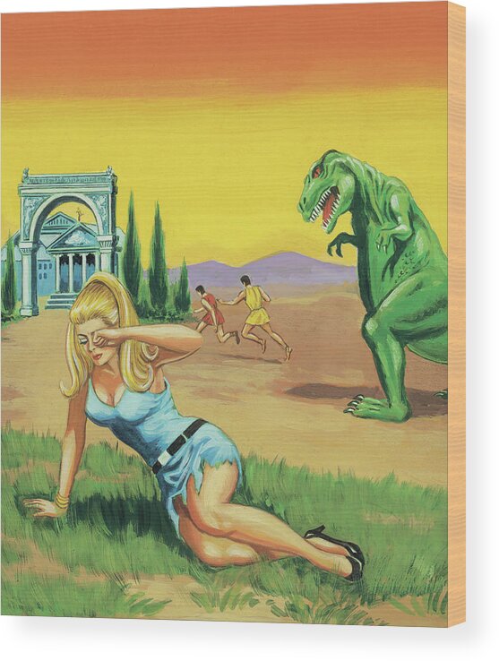 Adult Wood Print featuring the drawing Dinosaur With Woman on the Ground by CSA Images