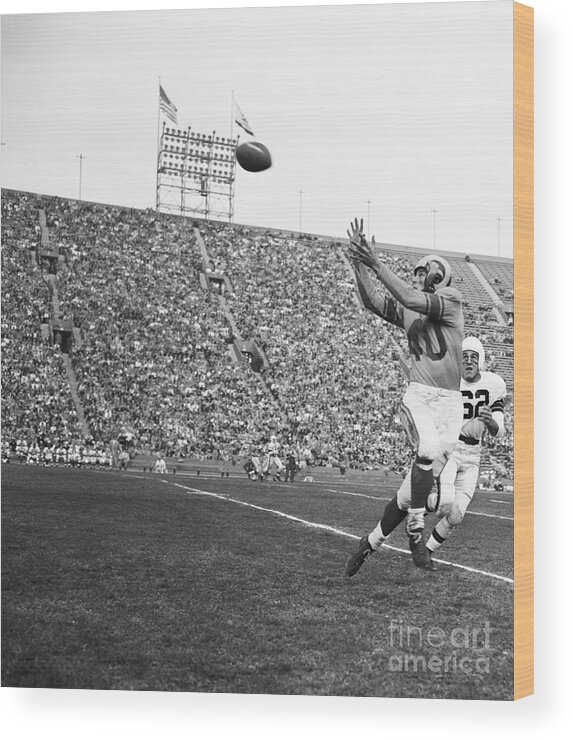 American Football Uniform Wood Print featuring the photograph Elroy Hirsch Up In The Air To Catch by Bettmann