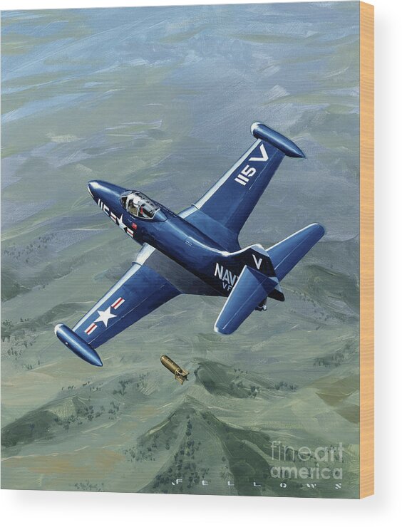 Military Aircraft Wood Print featuring the painting Grumman F9F-2B Panther by Jack Fellows