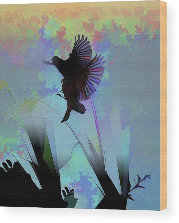Linda Brody Wood Print featuring the digital art Finches with Leaves II Silhouette Abstract by Linda Brody