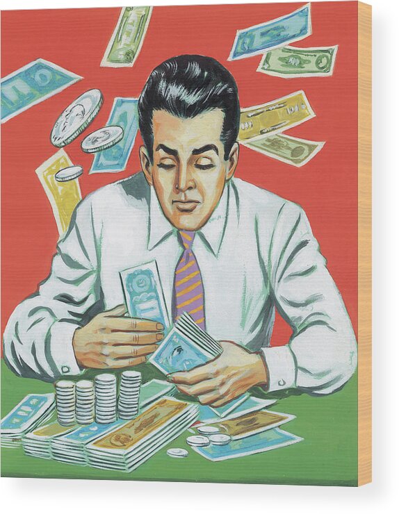 Addiction Wood Print featuring the drawing Greedy Man Counting Money by CSA Images