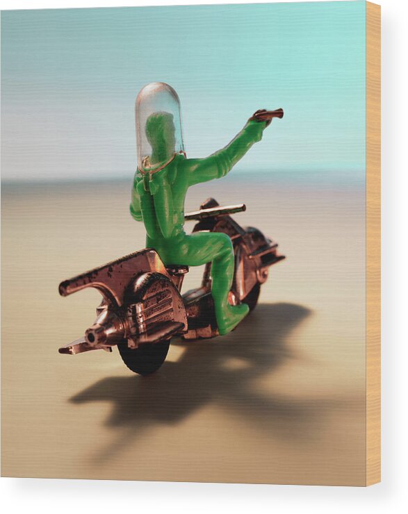 Aim Wood Print featuring the drawing Green Spaceman Riding Motorcycle With Gun by CSA Images