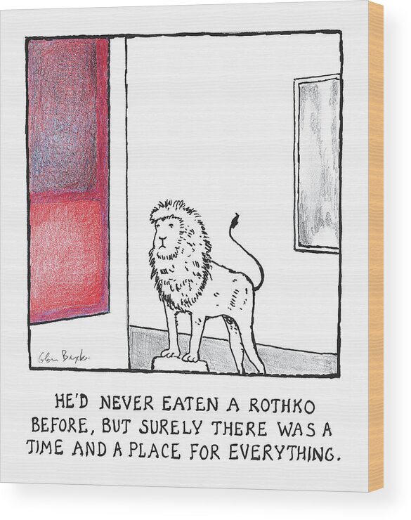 Captionless Wood Print featuring the drawing He'd Never Eaten a Rothko Before by Glen Baxter