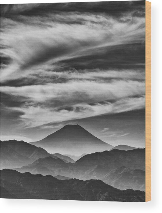 Blackandwhite Wood Print featuring the photograph Iconic Mount Fuji Wrapped In Misty by Cristiano Fronteddu