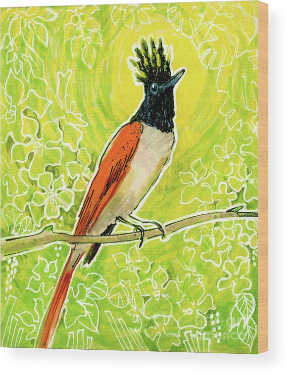 Nature Wood Print featuring the mixed media Indian Paradise Flycatcher Tropical Bird by Julia Khoroshikh