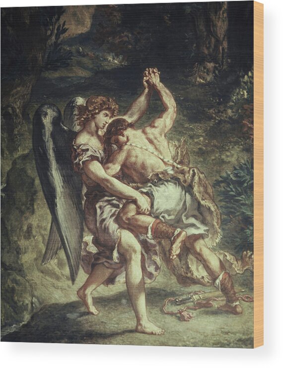 19th Wood Print featuring the painting Jacob Wrestles With The Angel by Artist - Eugene Delacroix