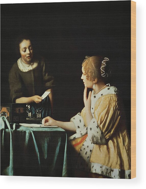 Johannes Vermeer Wood Print featuring the painting Johannes Vermeer / 'Lady with Her Maidservant Holding a Letter', 1666. by Jan Vermeer -1632-1675-