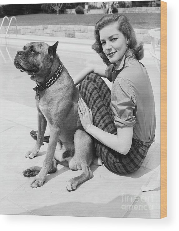 Pets Wood Print featuring the photograph Lauren Bacall Seated Wdog Poolside by Bettmann