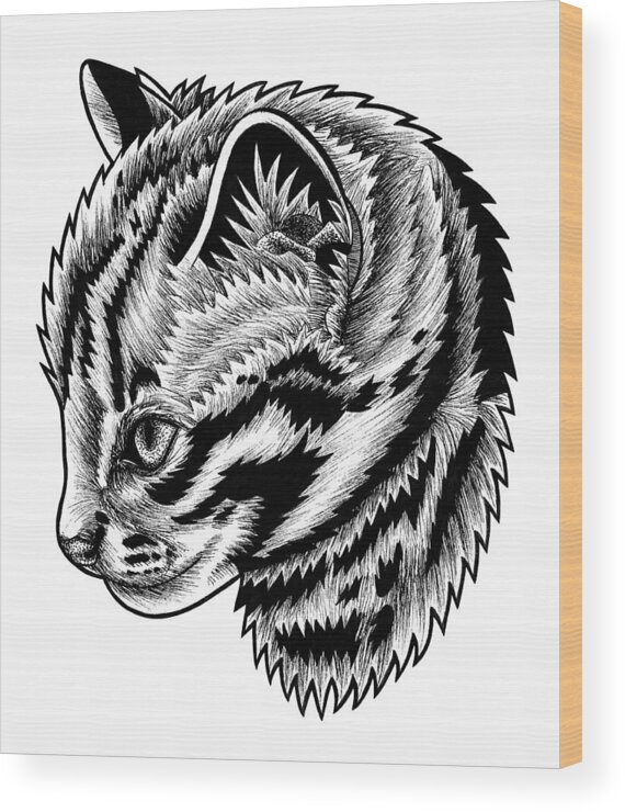 Leopard Wood Print featuring the drawing Leopard cat kitten - ink illustration by Loren Dowding