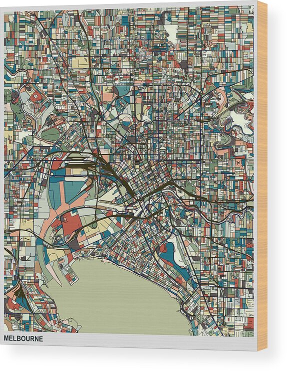 Art Wood Print featuring the digital art Melbourne City Art Map Background by Shuoshu