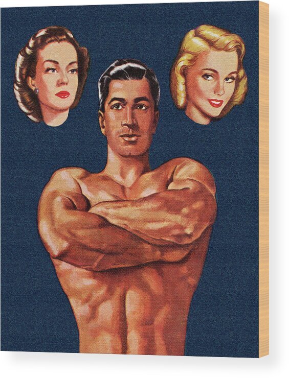 Admire Wood Print featuring the drawing Muscle Man Thinking About Two Women by CSA Images