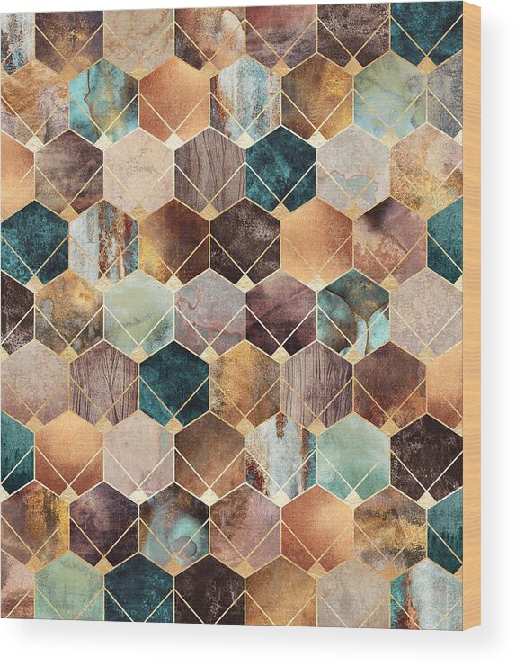 Graphic Wood Print featuring the digital art Natural Hexagons And Diamonds by Elisabeth Fredriksson