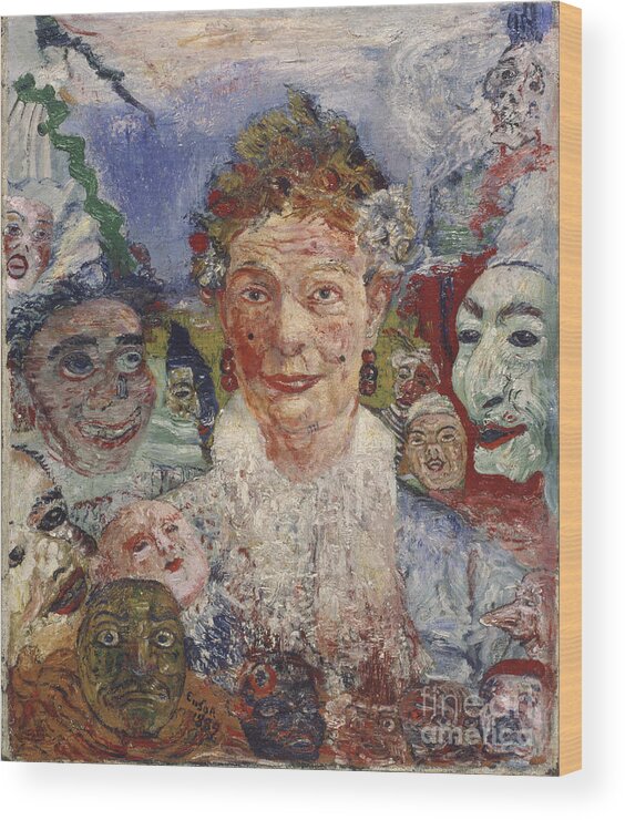 Oil Painting Wood Print featuring the drawing Old Lady With Masks by Heritage Images