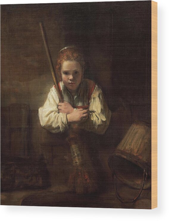 Oil On Canvas Wood Print featuring the painting Rembrandt Workshop -Possibly Carel Fabritius- A Girl with a Broom. by Rembrandt Workshop -Possibly Carel Fabritius-