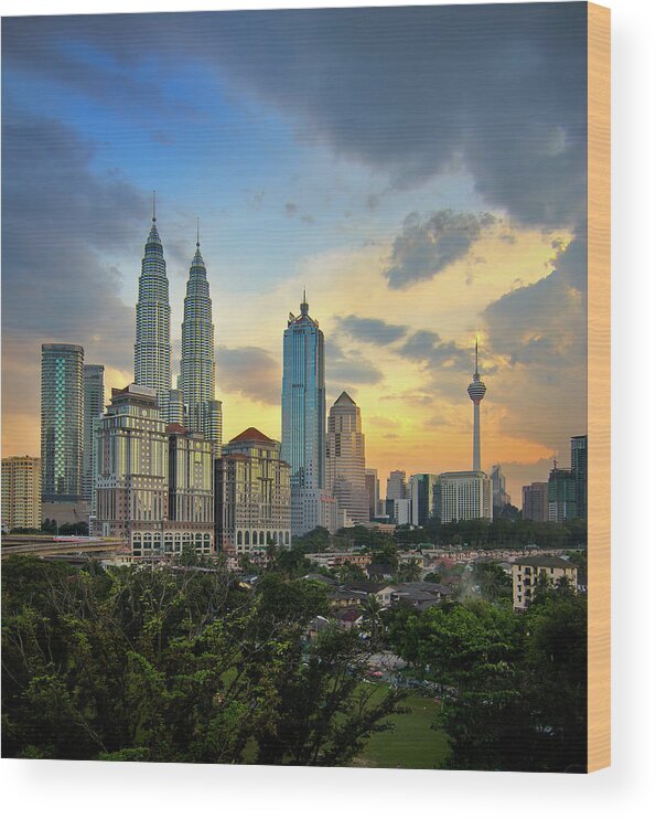 Apartment Wood Print featuring the photograph Skyscrapers At Sunset In Kuala Lumpur by Aaronlam