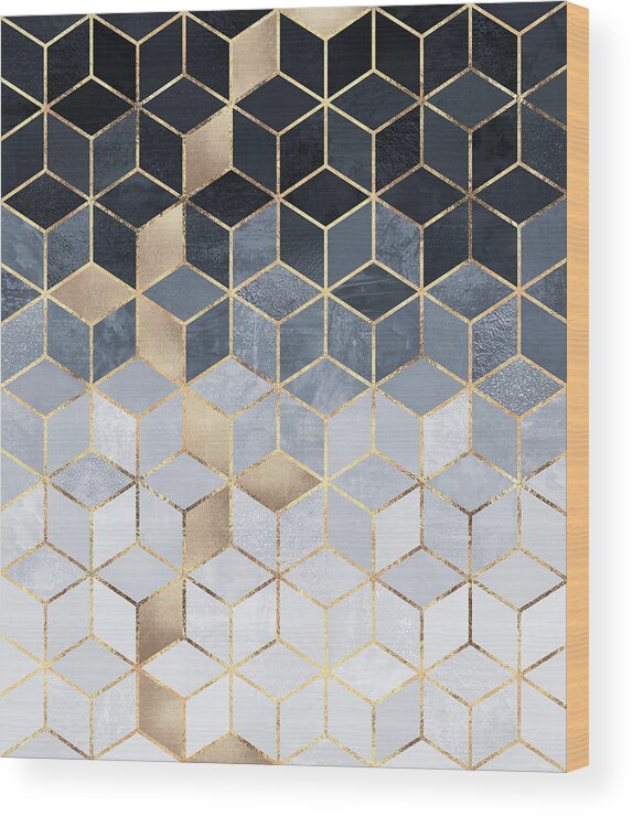 Cube Wood Print featuring the digital art Soft Blue Gradient Cubes by Elisabeth Fredriksson