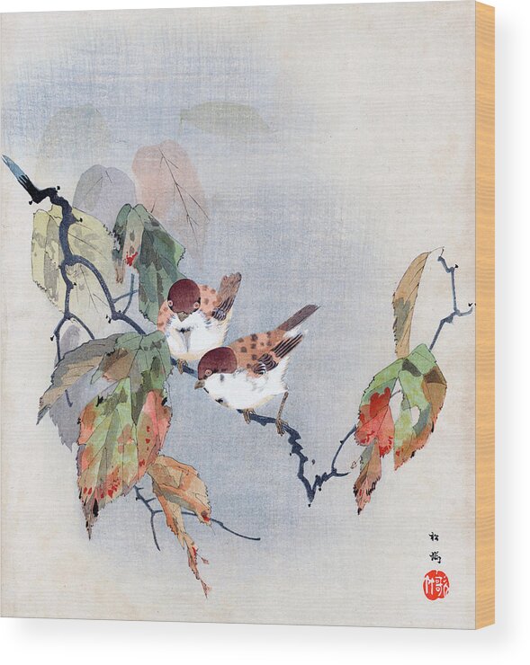 Shoki Wood Print featuring the painting Sparrows by Shoki