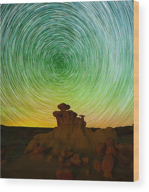 Landscape Wood Print featuring the photograph Star Trails With Green Airglow Over Bisti Badlands by Mike He