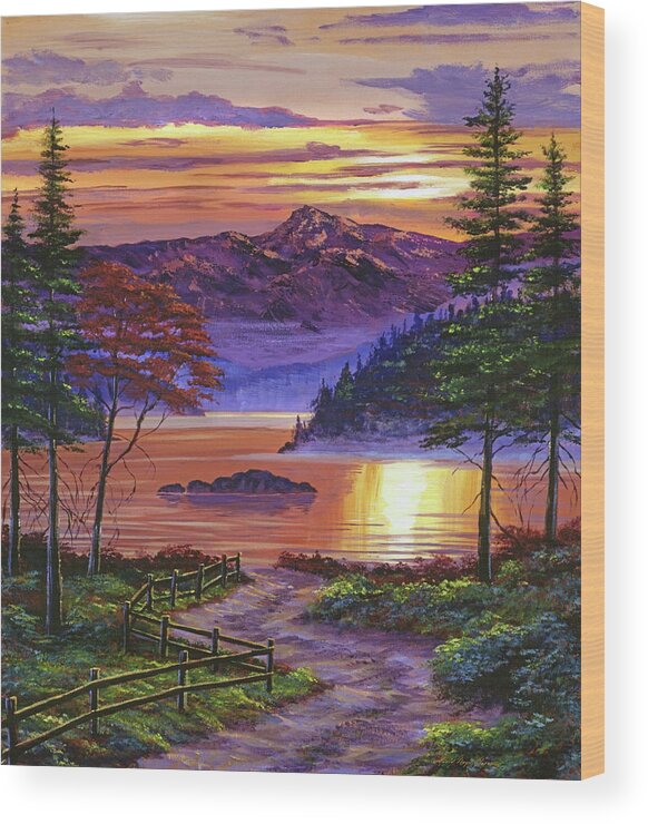 Landscape Wood Print featuring the painting Sunrise At Misty Lake by David Lloyd Glover