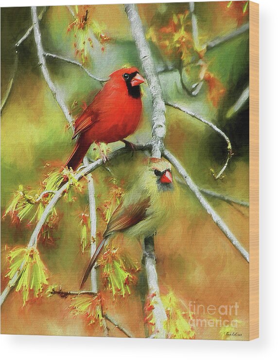 Cardinal Wood Print featuring the mixed media The Newlyweds by Tina LeCour