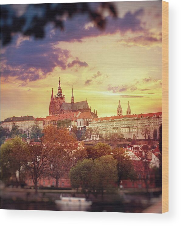 Gothic Style Wood Print featuring the photograph View Of St. Vitus Cathedral At Sunset by 5ugarless
