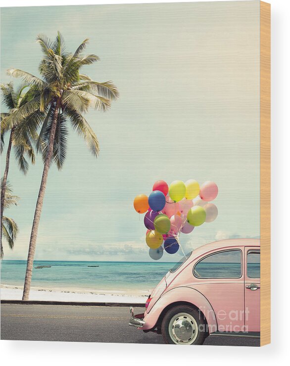 Birthday Wood Print featuring the photograph Vintage Card Of Car With Colorful by Jakkapan