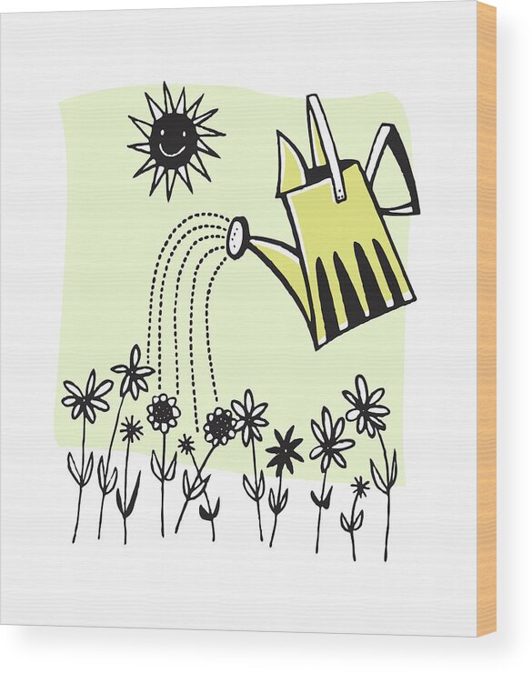 Back Yard Wood Print featuring the drawing Watering Can Watering Garden by CSA Images
