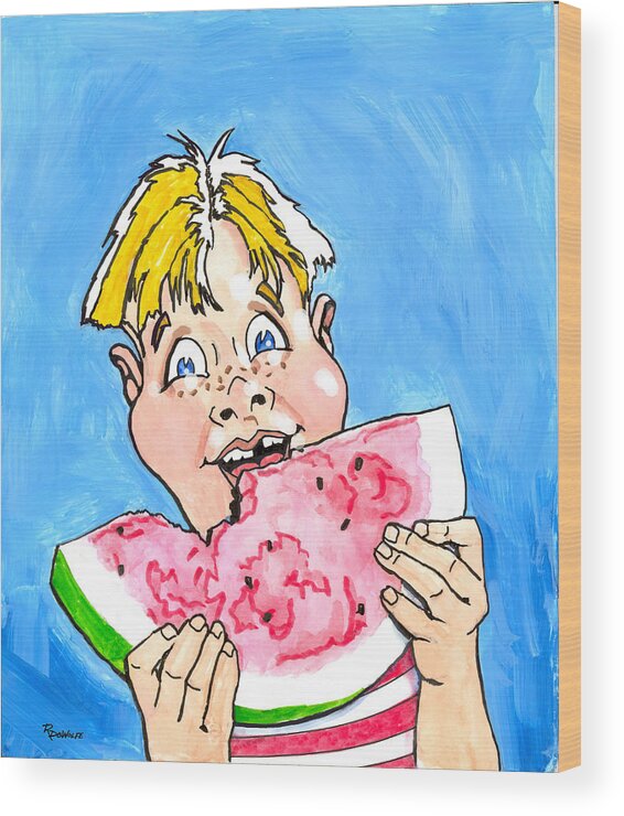 Boy Wood Print featuring the painting Watermelon Man by Richard De Wolfe