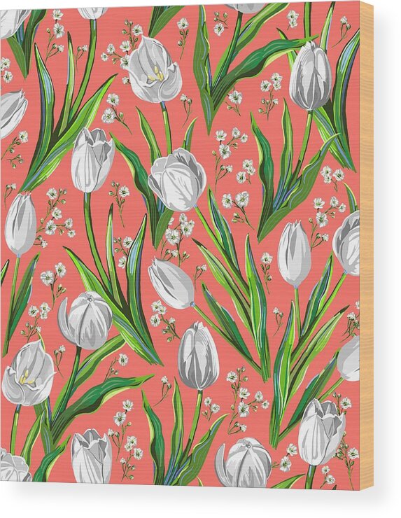 White Tulips Wood Print featuring the drawing White Tulips on Living Coral by L Diane Johnson