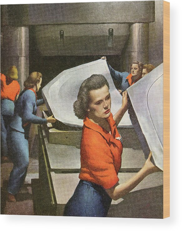 Adult Wood Print featuring the drawing Women Working in Factory by CSA Images