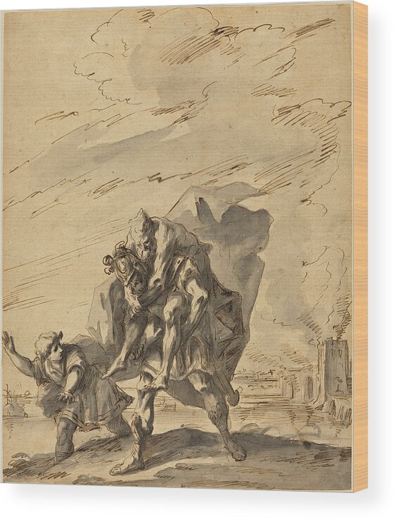 Gaspare Diziani Wood Print featuring the drawing Aeneas Carrying Anchises from Burning Troy by Gaspare Diziani