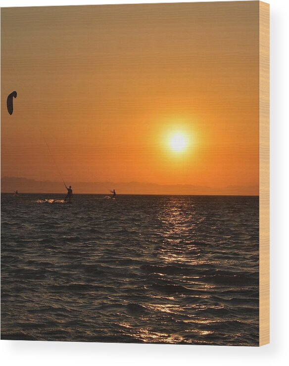 Kitesurfing Wood Print featuring the photograph Red sea sunset by Luca Lautenschlaeger