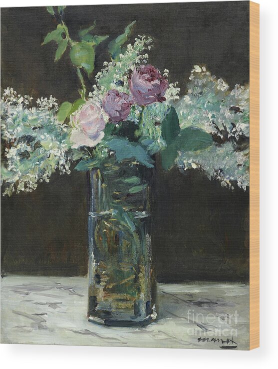 Vase Of White Lilacs And Roses Wood Print featuring the painting Vase of White Lilacs and Roses, 1883 by Edouard Manet