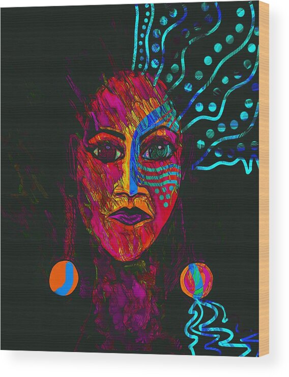 Portrait Wood Print featuring the mixed media Abstract Woman Fiery Face Out Of Shadows by Joan Stratton