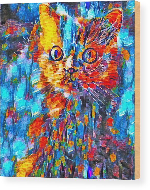 Persian Cat Wood Print featuring the digital art Alert colorful Persian cat abstract painting by Nicko Prints