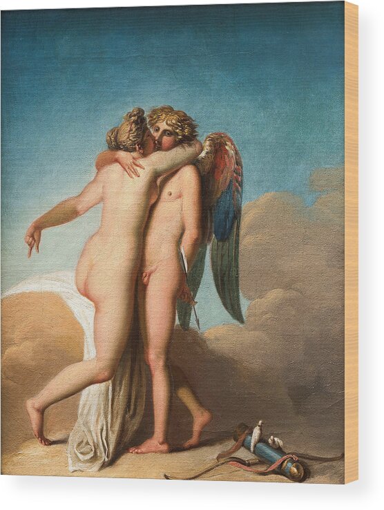 Nicolai Abildgaard Wood Print featuring the painting Amor and Psyche embracing each other by Nicolai Abildgaard