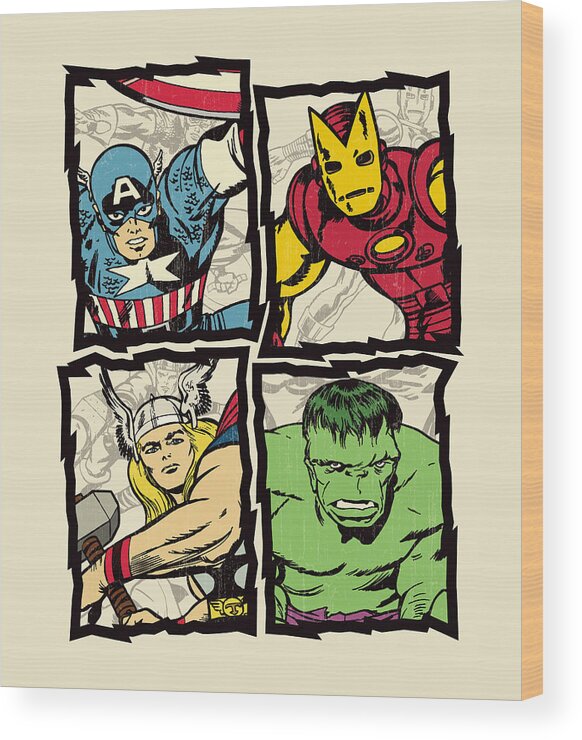Avengers Wood Print featuring the digital art Avengers Silver Age Quad - Distressed by Edward Draganski