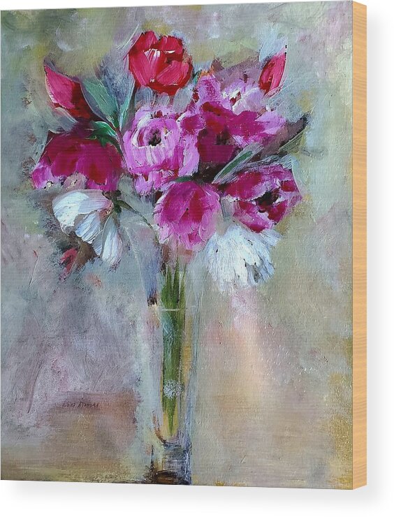 Glass Wood Print featuring the painting Beautiful Semi Abstract Bouquet In A Glass Vase by Lisa Kaiser