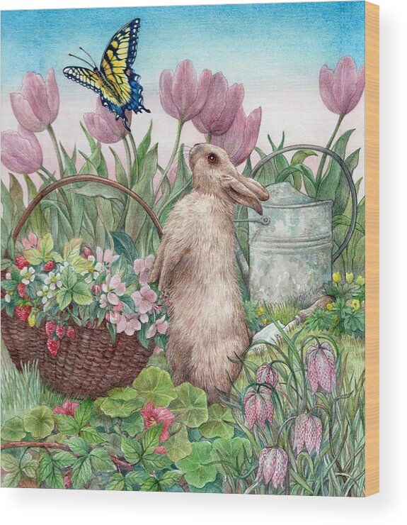 Illustrated Bunny Wood Print featuring the painting Bunny in Spring Garden by Judith Cheng