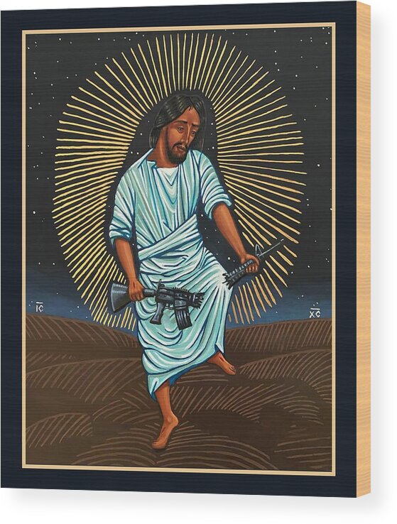 Religious Iconography Wood Print featuring the painting Christ Breaks The Rifle by Kelly Latimore
