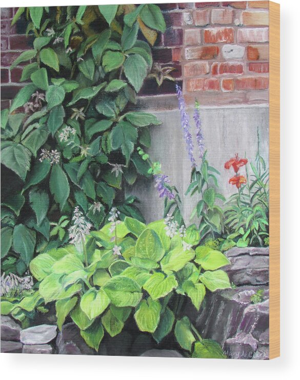 Garden Wood Print featuring the pastel Courtyard Garden by MaryJo Clark