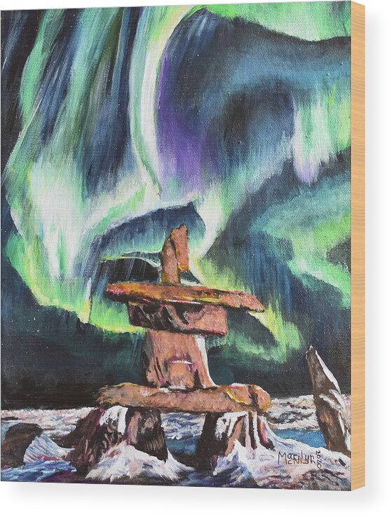 Inukshuk Wood Print featuring the painting Dancing Lights - Churchill by Marilyn McNish