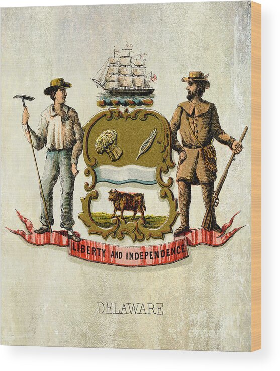 Delaware Coat Of Arms Wood Print featuring the photograph Delaware Coat of Arms 1876 by Jon Neidert