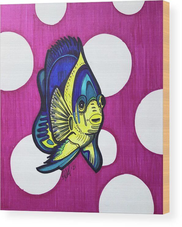Discus Fish Wood Print featuring the drawing Discus Fish Blue and Yellow by Creative Spirit